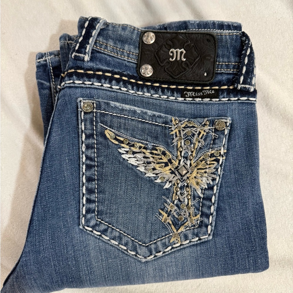 Miss Me Blue Jeans with Gold Embellishments